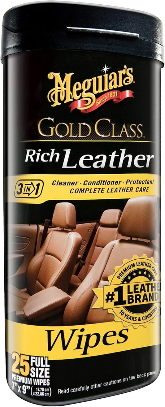 Meguiar’s Gold Class Rich Leather Wipes - Leather Car Cleaning Wipes that Offer Conditioning and UV Protection, Rich Moisturizers Help Prevent Leather From Drying Out and Cracking, 30 Wipes