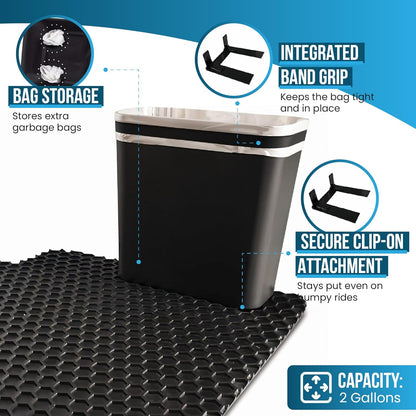 Car Trash Can for Car — 3-Gallon Leakproof Garbage Can with Floor Mat Clip & Bag Securement Band | Open-Top Vehicle Trash Bin for Drivers & Passengers | Fits SUV, Truck, Van, Sedan, MPV (Black)
