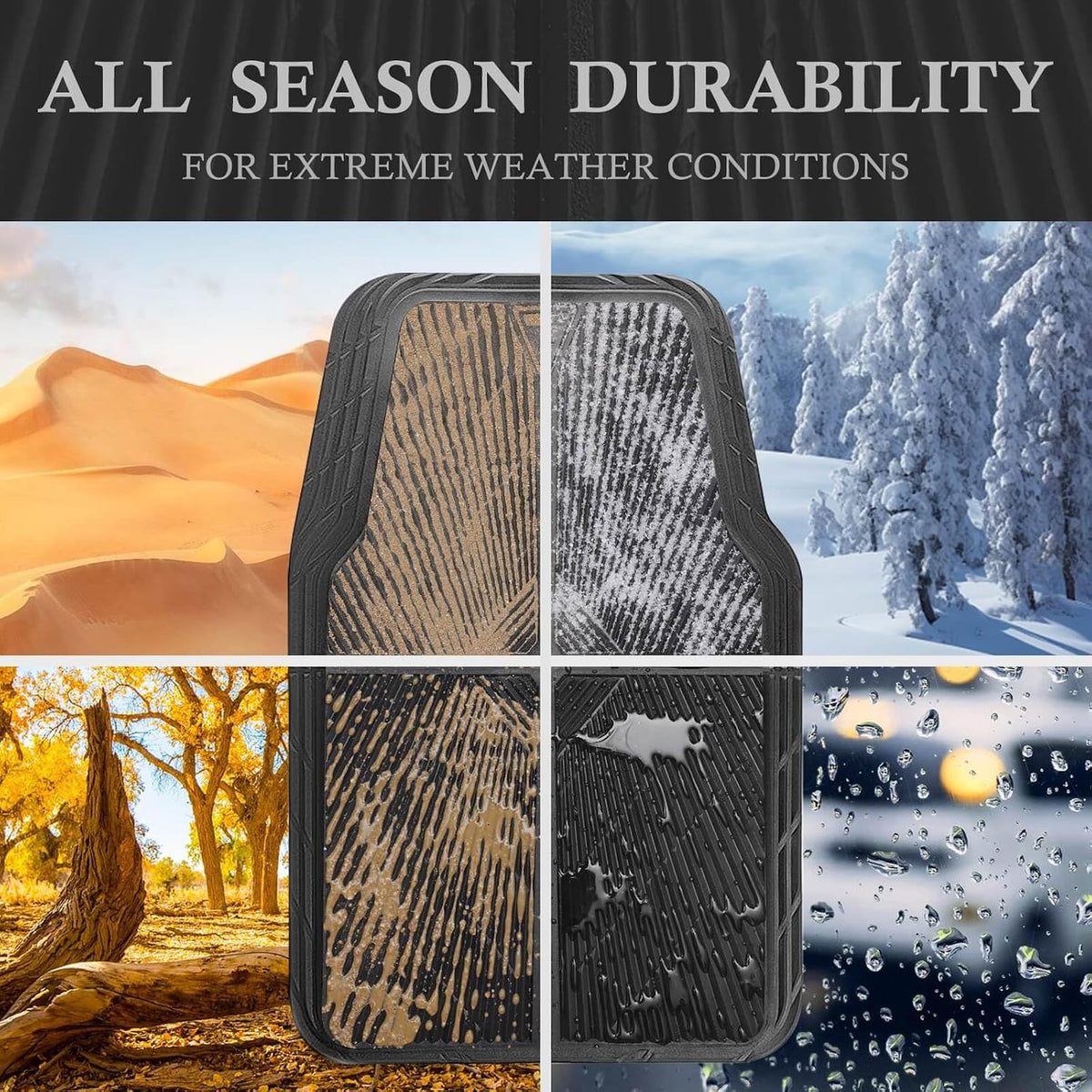 CAR PASS Rubber Floor Mats, All Weather Waterproof Trim-to-Fit Automotive Mats for Cars Trucks SUV, Anti-Slip Easy Clean, Heavy Duty Full Set 3-Piece, All Black