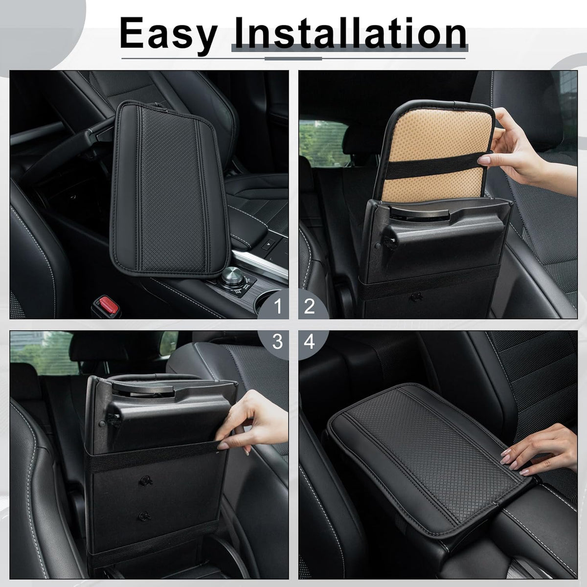 Amiss Car Center Console Cover, Upgraded Leather Car Armrest Cushion with 2 Storage Pockets, Universal Waterproof Cushion Pad, Non-Slip Car Interior Accessories, Fits Most Sedans SUVs Trucks (Black)