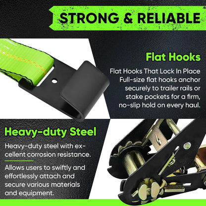 4 Pack Car Tie Down Straps for Trailers - 2" x 96" - 9900LBS Break Strength - Heavy Duty Tire Ratchet Straps with Flat Hooks for Hauling UTV, SUV, Truck, Any Cars