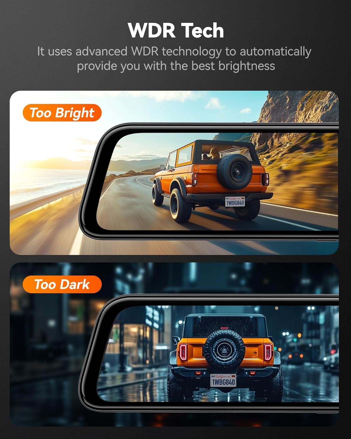 WOLFBOX G840S 12" 4K Mirror Dash Cam Backup Camera, 5.8GHz WiFi Smart Rearview Mirror for Cars & Trucks, Front and Rear View Dual Cameras, Night Vision, Parking Assistance, Included 32GB Card & GPS