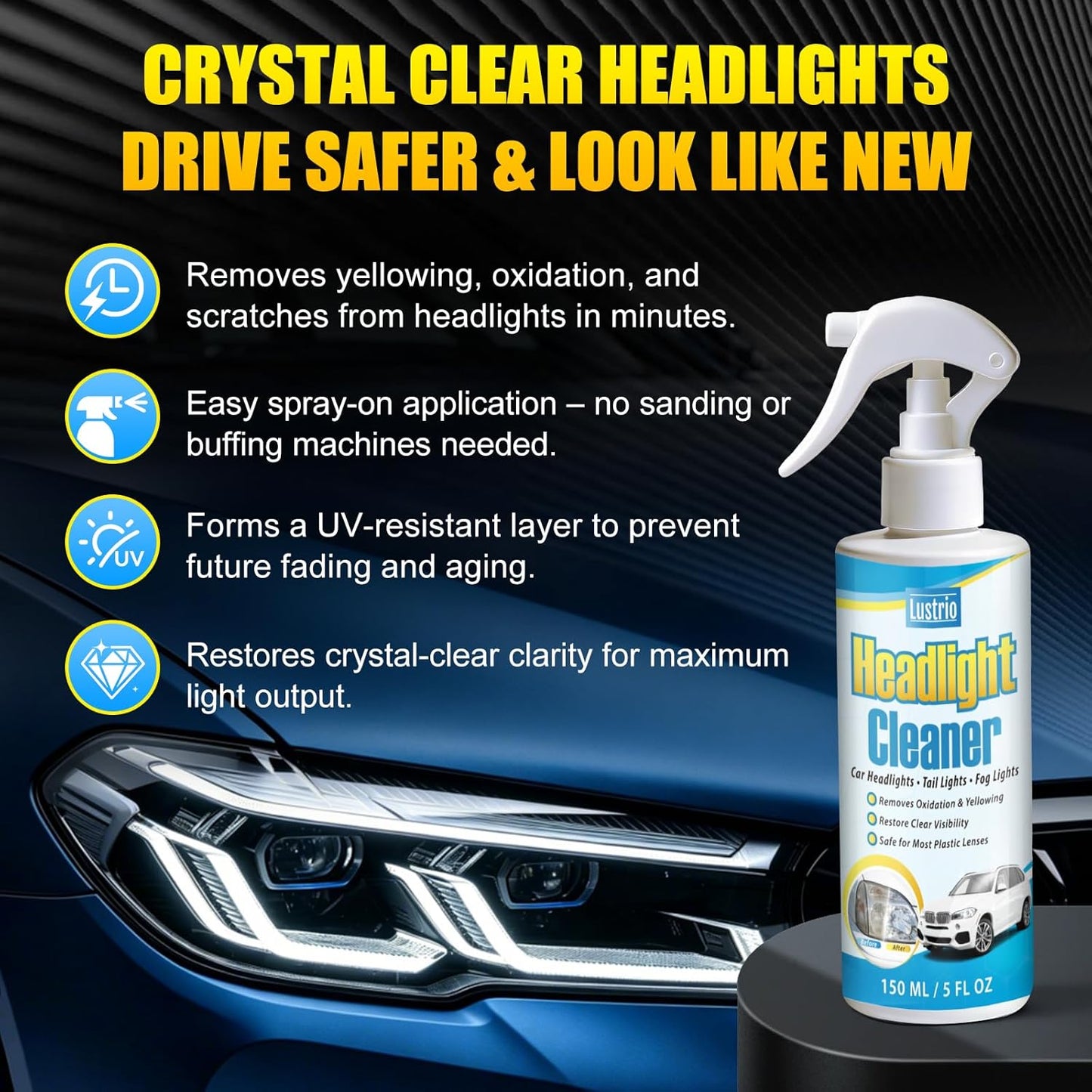 Headlight Cleaner & Restorer Kit – Instant Oxidation, Yellowing & Road Grime Remover – Revives Cloudy Headlamps to Crystal Clear – Includes Sponge & Towel – 5oz/150ml for Cars, Trucks & SUVs