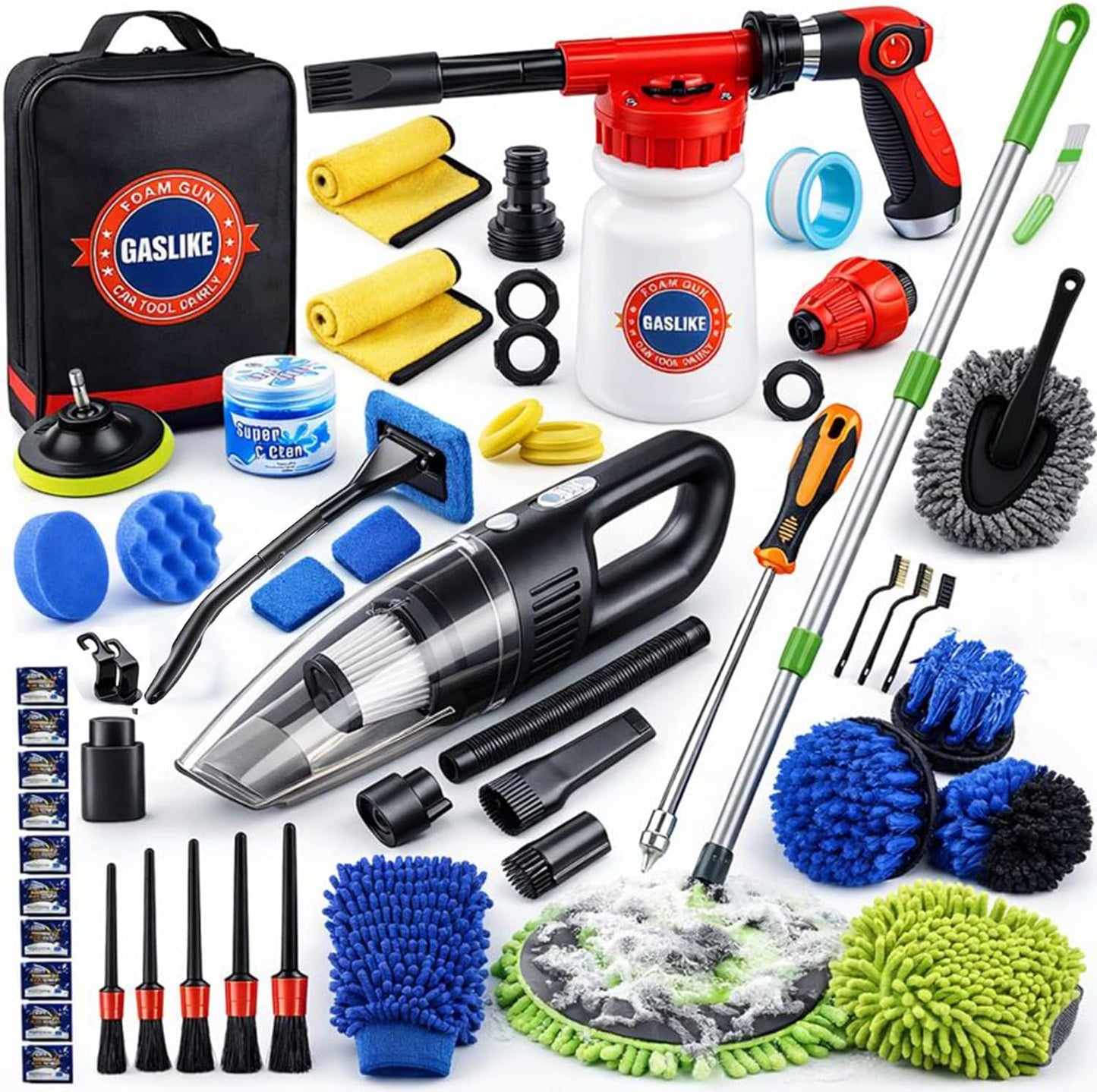 56Pcs Car Wash Cleaning Kit with Foam Gun, Car Wash Brush with Long Handle, Car Detailing Kit, Car Wheel Brush for Car Cleaning Supplies, Adjustable Hose Wash Sprayer-Quick Connector to Any Hose