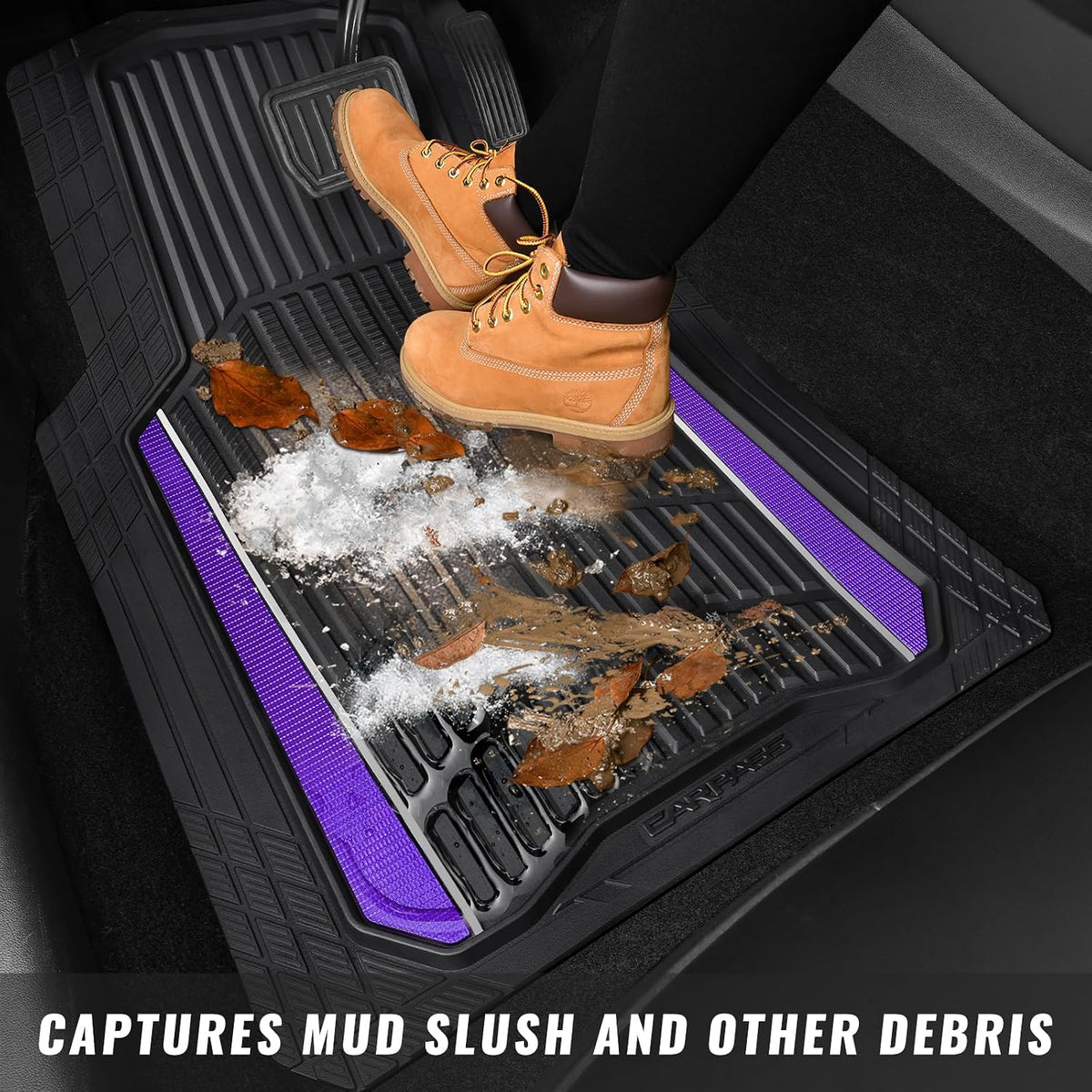 CAR PASS Heavy Duty Rubber Car Floor Mats, Deep Waterproof Car Floor Mats All Weather, Aluminum Film Floor Mats for Cars Non-Slip Universal Trim to Fit for SUVs Trucks Sedans Vans, Black Grey Metallic