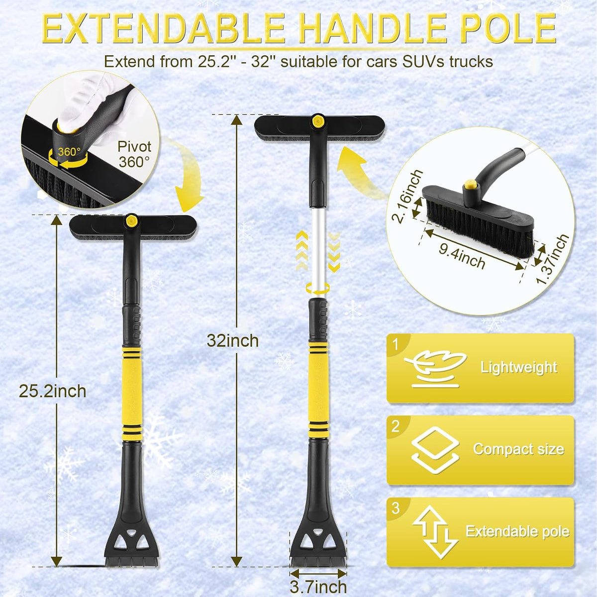 LivTee 32" Extendable Ice Scraper & Snow Brush for Car Windshield, 360° Rotating Snow Removal Tool for Cars, Trucks & SUVs, Automotive Winter Essentials & Car Accessories for Men, Orange