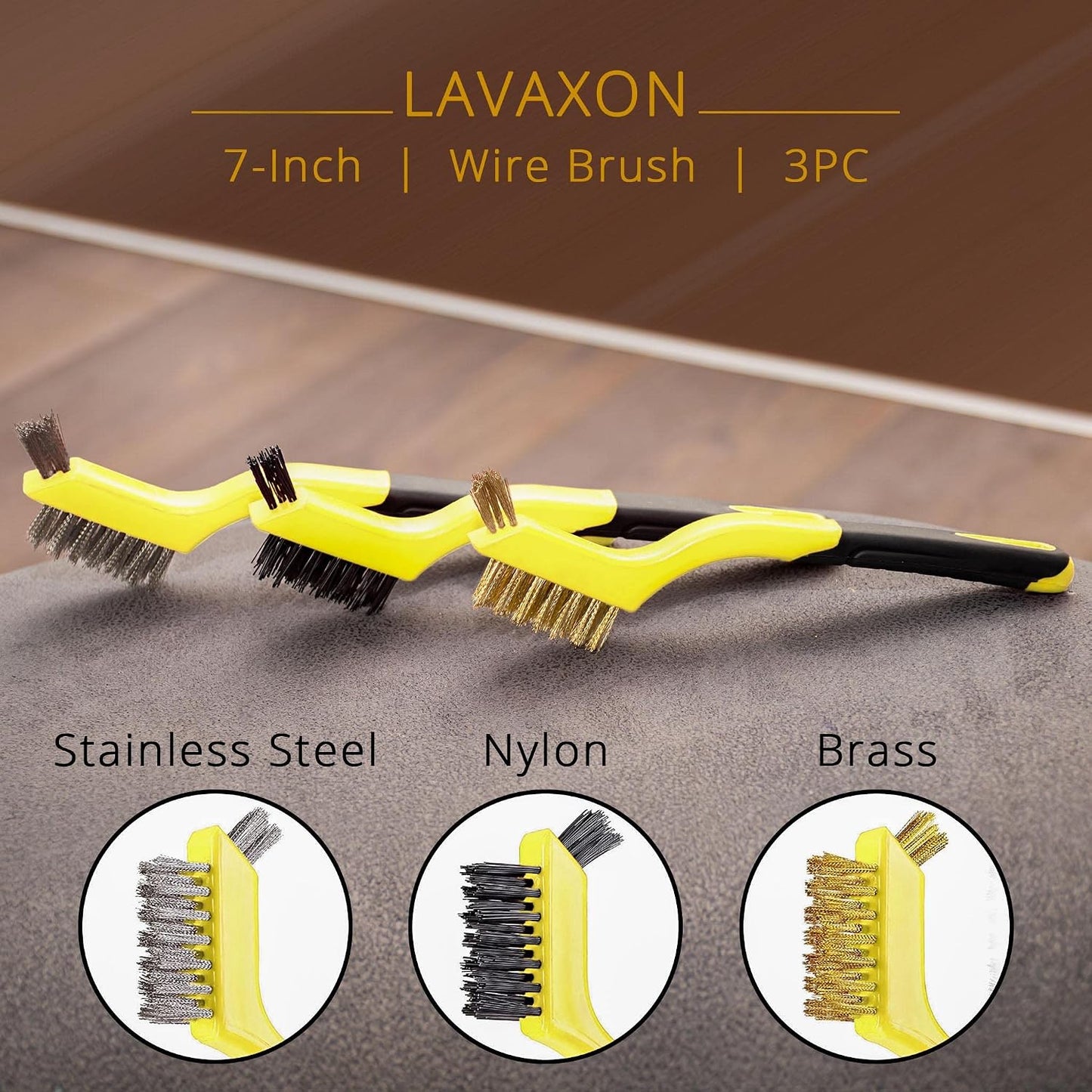 Lavaxon Wire Brush Set 3Pcs - Nylon/Brass/Stainless Steel Bristles with Curved Handle Grip for Rust, Dirt & Paint Scrubbing with Deep Cleaning – 7 Inches (Red)
