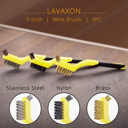 Lavaxon Wire Brush Set 3Pcs - Nylon/Brass/Stainless Steel Bristles with Curved Handle Grip for Rust, Dirt & Paint Scrubbing with Deep Cleaning – 7 Inches (Red)