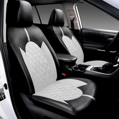 CAROMOP Luxury PU Leather Car Seat Covers Full Set-Waterproof Seat Protectors with Split Bench Seat Covers for Cars-Universal Cars Interior Covers for Sedans, SUVs, Pick-up Trucks(Gray/Gray Line)