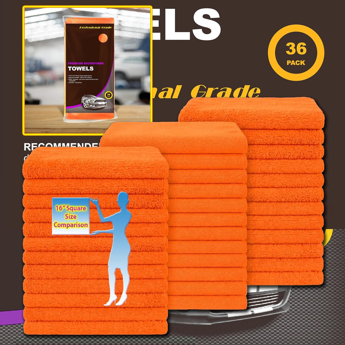 Orange Large Microfiber Cleaning Towels, 36-Pack Dual-Sided Ultra Soft Plush Washcloth, Professional Grade Premium Microfiber Detailing Cloths, Car, Household and Commercial (Orange, 16" x 16")