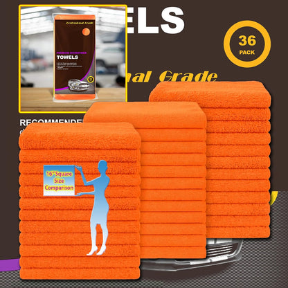Orange Large Microfiber Cleaning Towels, 36-Pack Dual-Sided Ultra Soft Plush Washcloth, Professional Grade Premium Microfiber Detailing Cloths, Car, Household and Commercial (Orange, 16" x 16")