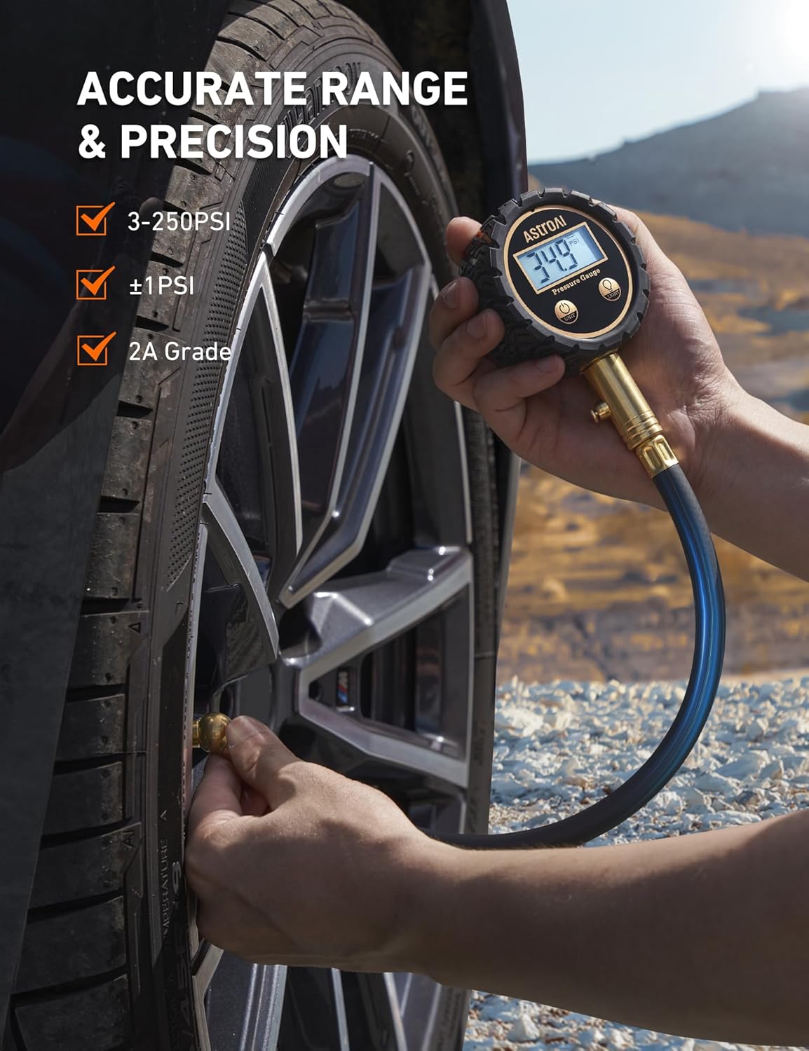 AstroAI Tire Pressure Gauge for Cars with Large 2" Dial, Solid Brass with Rubber Hose, Air Bleeder Valve, ANSI B40.1, 0-60PSI