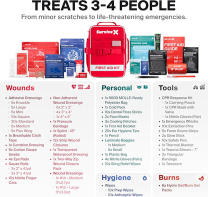 SurviveX Large First Aid Kit for Car, Travel & Home - Emergency Kit for Hiking, Camping, Backpacking and Outdoors - Includes Zip Stitch Wound Closure Strips