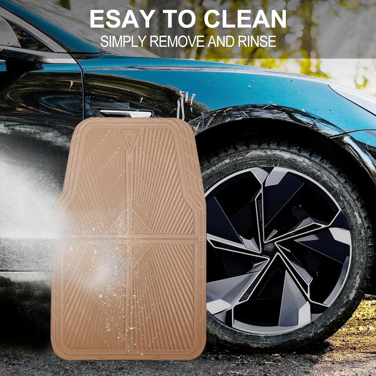 CAR PASS Rubber Floor Mats, All Weather Waterproof Trim-to-Fit Automotive Mats for Cars Trucks SUV, Anti-Slip Easy Clean, Heavy Duty Full Set 3-Piece, All Black
