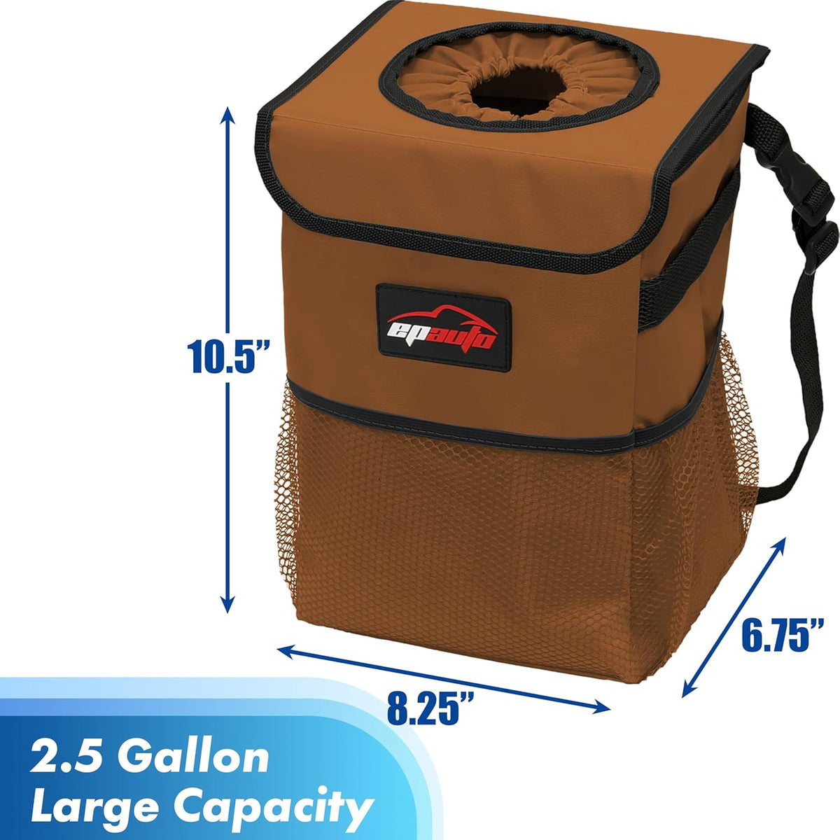EPAuto Waterproof Car Trash Can with Lid and Storage Pockets, 2.5 Gallon, Black