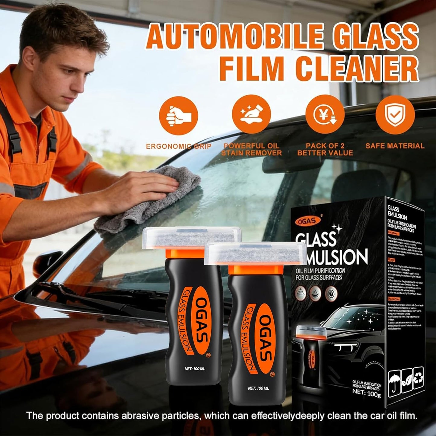Car Windshield Cleaner & Glass Oil Film Remover, 100ml x 2PCS Car Glass Cleaner with Brush, Removes Oil, Grease & Fog, wiper residue, Anti-Fog Glass Emulsion Cleaner for Clear Driving Visibility