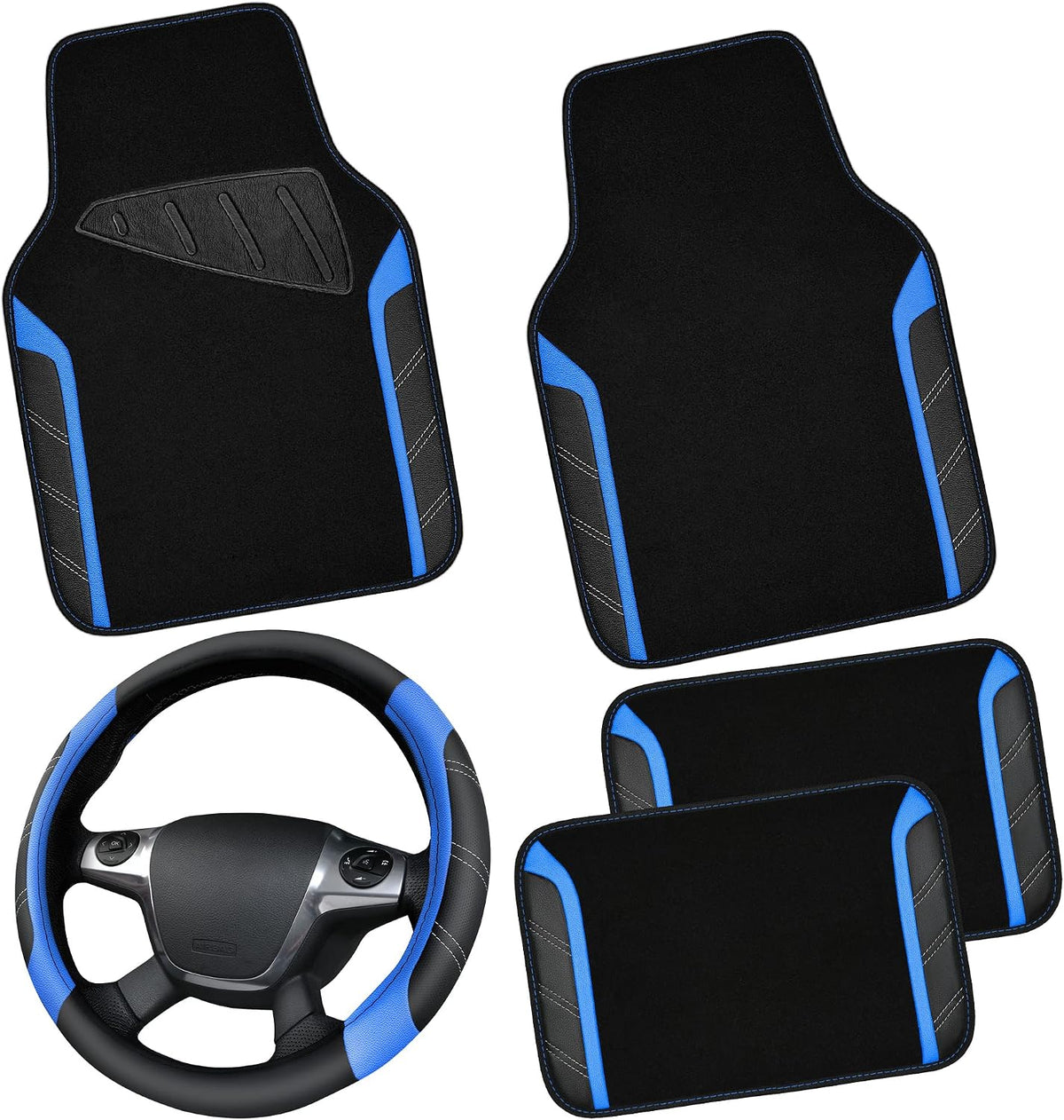 CAR PASS Air Mesh Leather Car Seat Covers Full Set, Waterproof Car Floor Mats, Sporty Steering Wheel Cover 14.5-15in, Universal Fits for 95% Cars Truck SUV (Black and Blue)