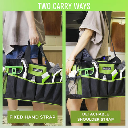 SCAVATA Wearable Cleaning Caddy Bag, Supplies Organizer with Handle & Shoulder Straps for Housekeepers, Under Sink & Car Cleaning Tool Organizer with 4 Foldable Dividers (Black)