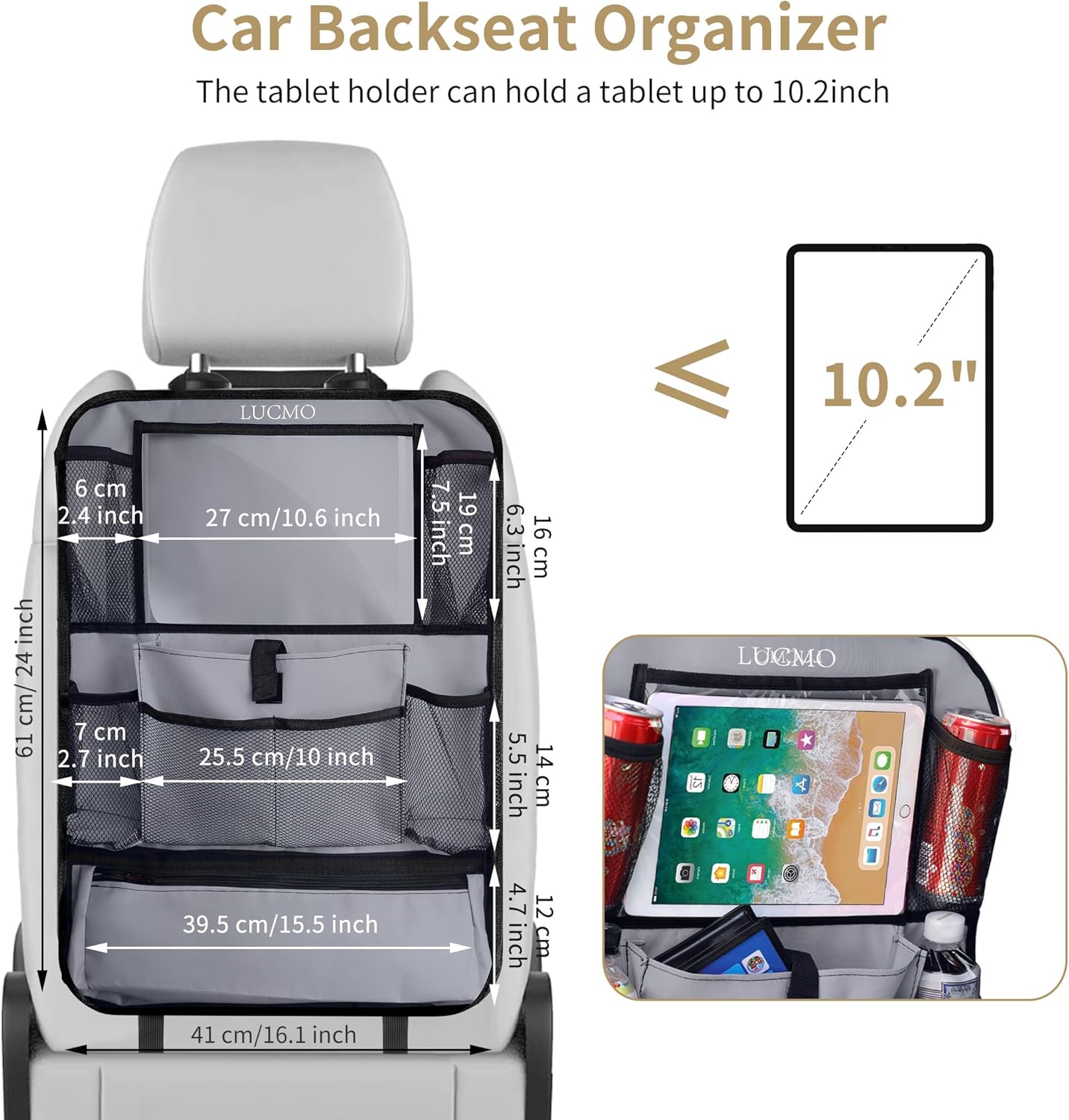 LUCMO Car Backseat Organizer with Tablet Holder,6 Storage Pockets Car Storage Organizer with Foldable Food Tray,Protectors Kick Mats Travel Accessories-Black