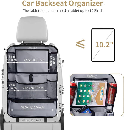 LUCMO Car Backseat Organizer with Tablet Holder,6 Storage Pockets Car Storage Organizer with Foldable Food Tray,Protectors Kick Mats Travel Accessories-Black