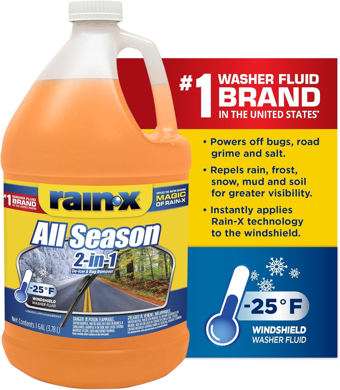 Rain-X All Season -25°F 2-in-1 De-Icer & Bug Remover Windshield Washer Fluid - 1 Gallon (Pack of 6)