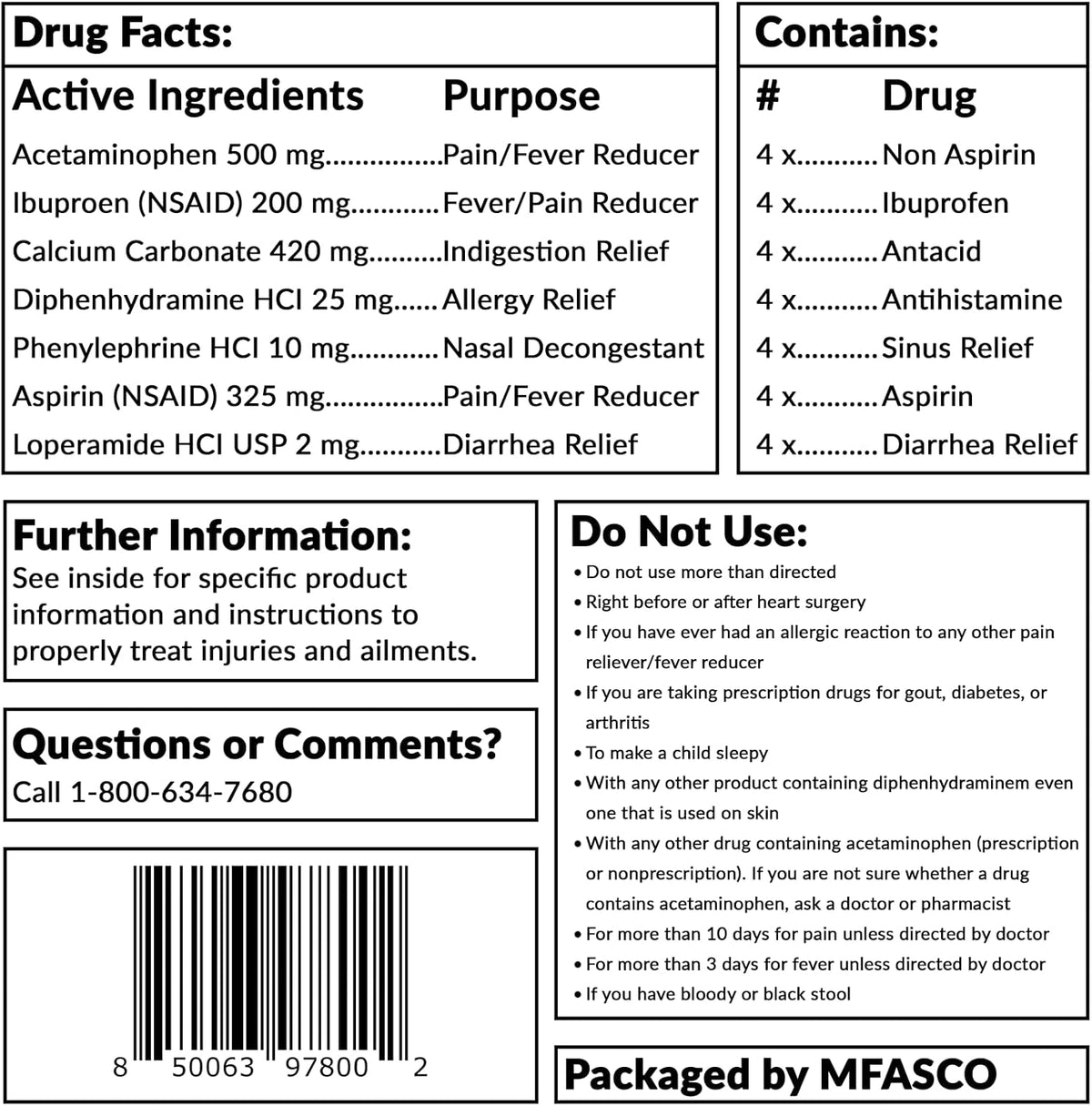 MFASCO - 7 in 1 - Travel Size Medicine Kit - TSA Approved | 28 First Aid Emergency OTC Medicine Packets for Cruise & International Travel | Compact Med Refill for Traveling & Office Assembled in USA