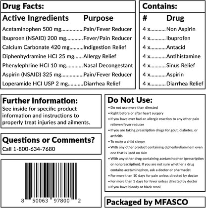 MFASCO - 7 in 1 - Travel Size Medicine Kit - TSA Approved | 28 First Aid Emergency OTC Medicine Packets for Cruise & International Travel | Compact Med Refill for Traveling & Office Assembled in USA