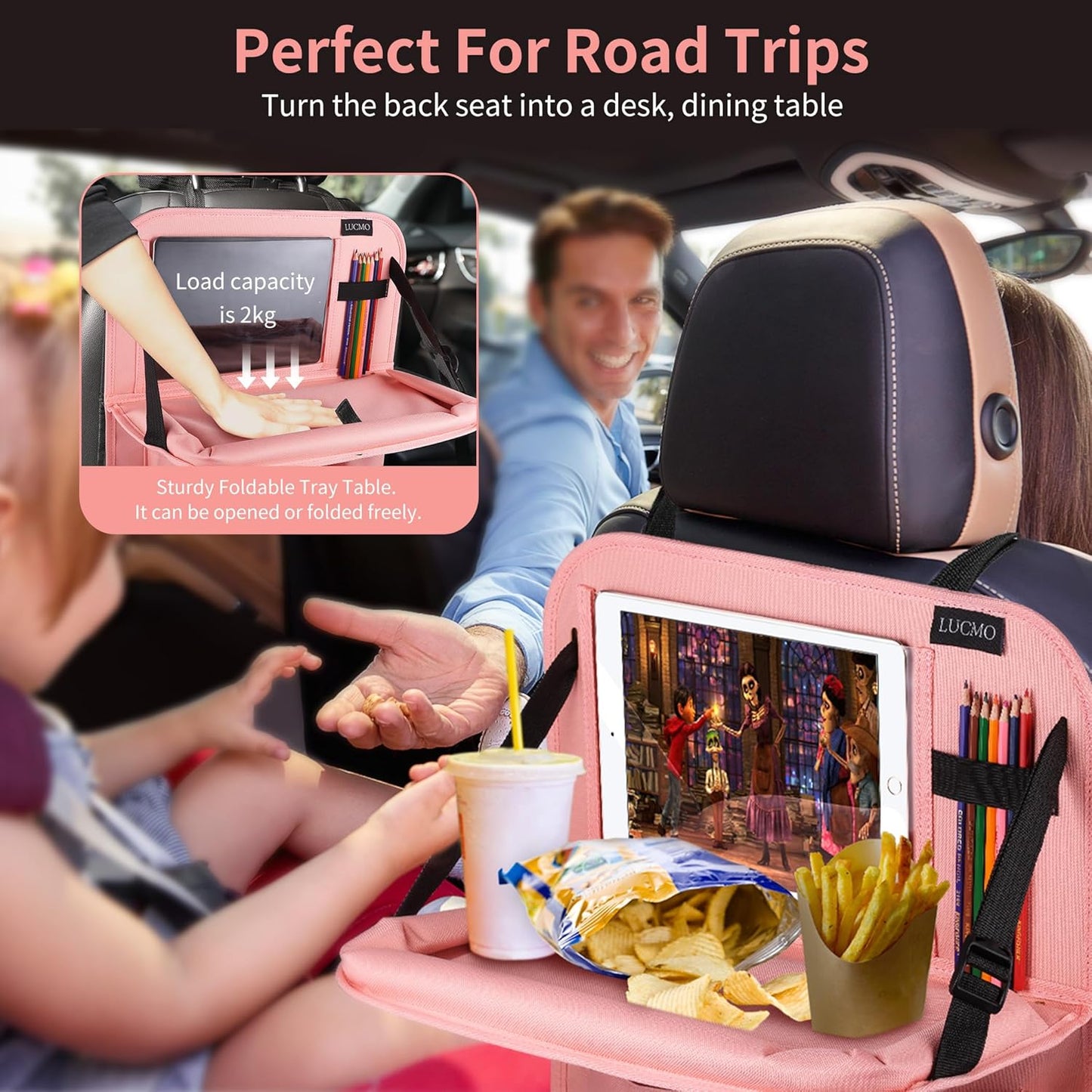 LUCMO Car Backseat Organizer with Tablet Holder,6 Storage Pockets Car Storage Organizer with Foldable Food Tray,Protectors Kick Mats Travel Accessories-Black