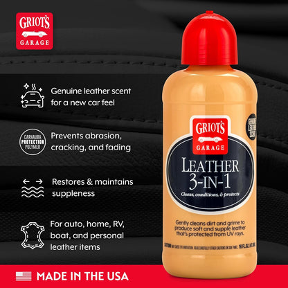 Griot's Garage Leather 3-in-1, Leather Cleaner and Conditioner for Car Leather Seat Upholstery, Sofa, Jacket, Shoes, and More, Cleans, Conditions, and Protects, 16 Oz, 11019