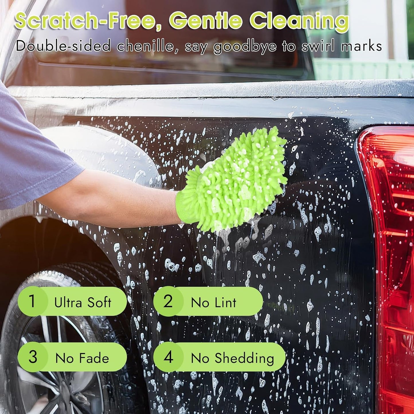 3 Pack Chenille Microfiber Car Wash Mitt, 7" x 9.6" Car Washing Mitts, Home Dusting Gloves, Scratch Free Lint-Free, Highly Absorbent, Double Sided, for Cleaning Detailing Polish (Green)