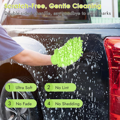 3 Pack Chenille Microfiber Car Wash Mitt, 7" x 9.6" Car Washing Mitts, Home Dusting Gloves, Scratch Free Lint-Free, Highly Absorbent, Double Sided, for Cleaning Detailing Polish (Green)