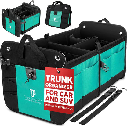 TRUNKCRATEPRO Trunk Organizer For Car, Suv, Truck | Premium Adjustable Multi Compartments Collapsible Car Trunk Organizer With Securing Straps & Non-Slip Bottom (Large Size, Black)
