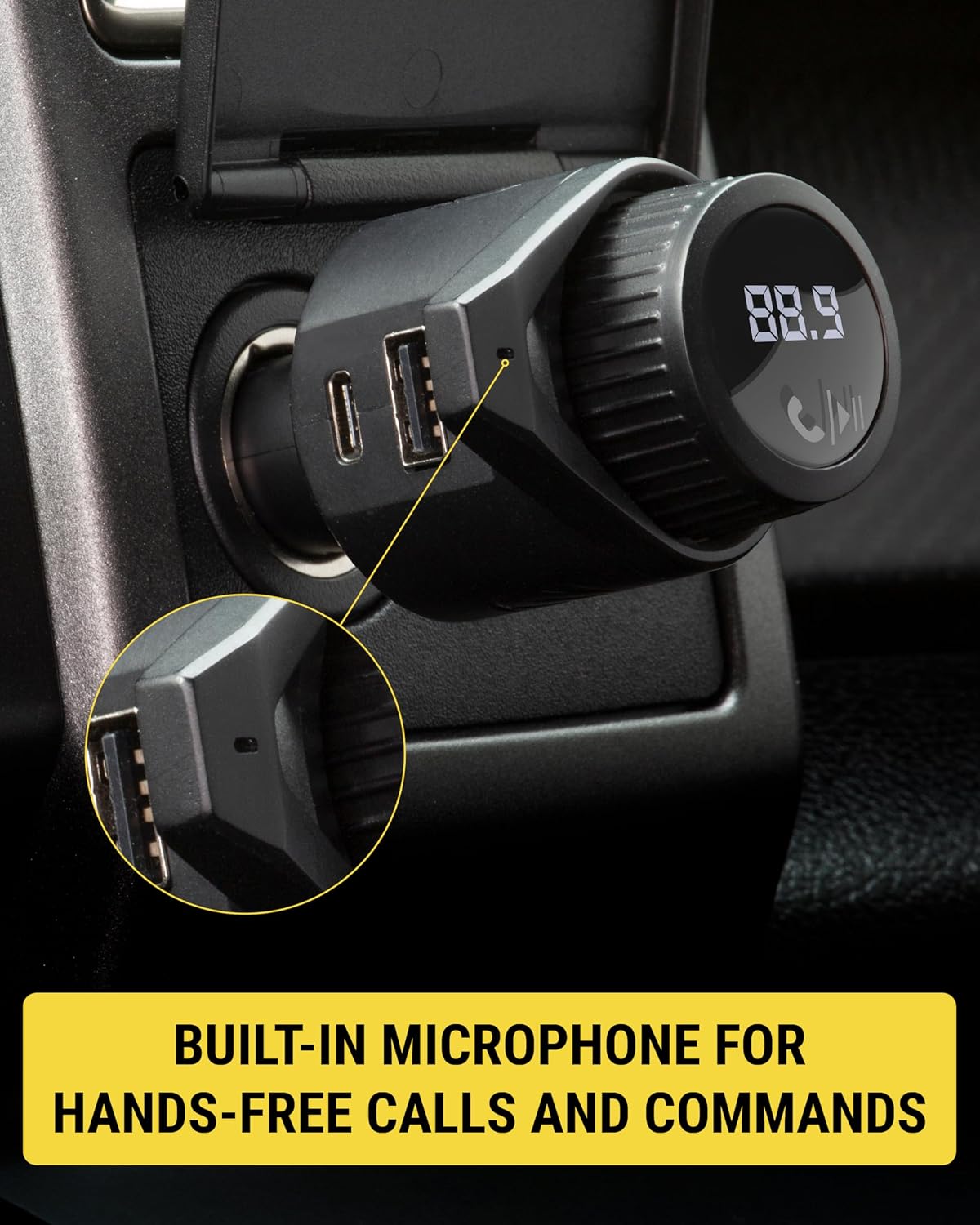 Scosche BTFM9 FM Bluetooth Transmitter Car, Dual 12W USB-C and USB-A Charging Ports, Fast Type C Car Charger, Wireless Radio Bluetooth Adapter, Hands-Free Kit for Calls, Siri and Google Assistant