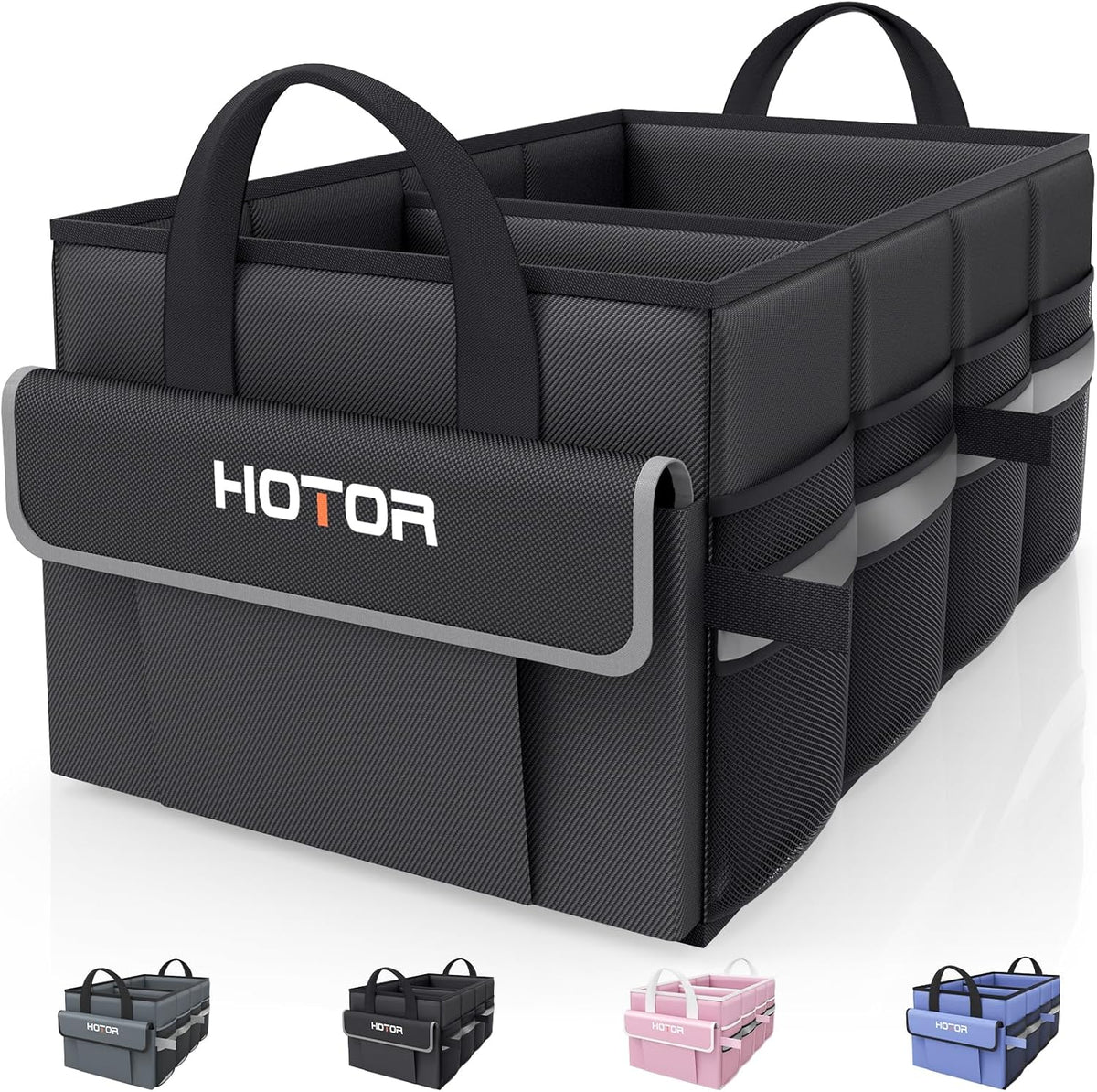 HOTOR Trunk Organizer - Car Organizer with 5 Pockets, Trunk organizer for SUV, Sedan & Van, Car Organization with Sturdy Base Panel for Car Accessories, Black, 2 Compartments, 21.3"×12.6"×10.6"