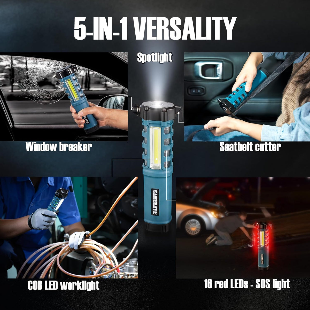 Emergency Car Flashlight with Seatbelt Cutter and Window Breaker, LED Work Light & Flash Beacon, Life-Saving Car Escape Tool for Roadside Safety (Orange)