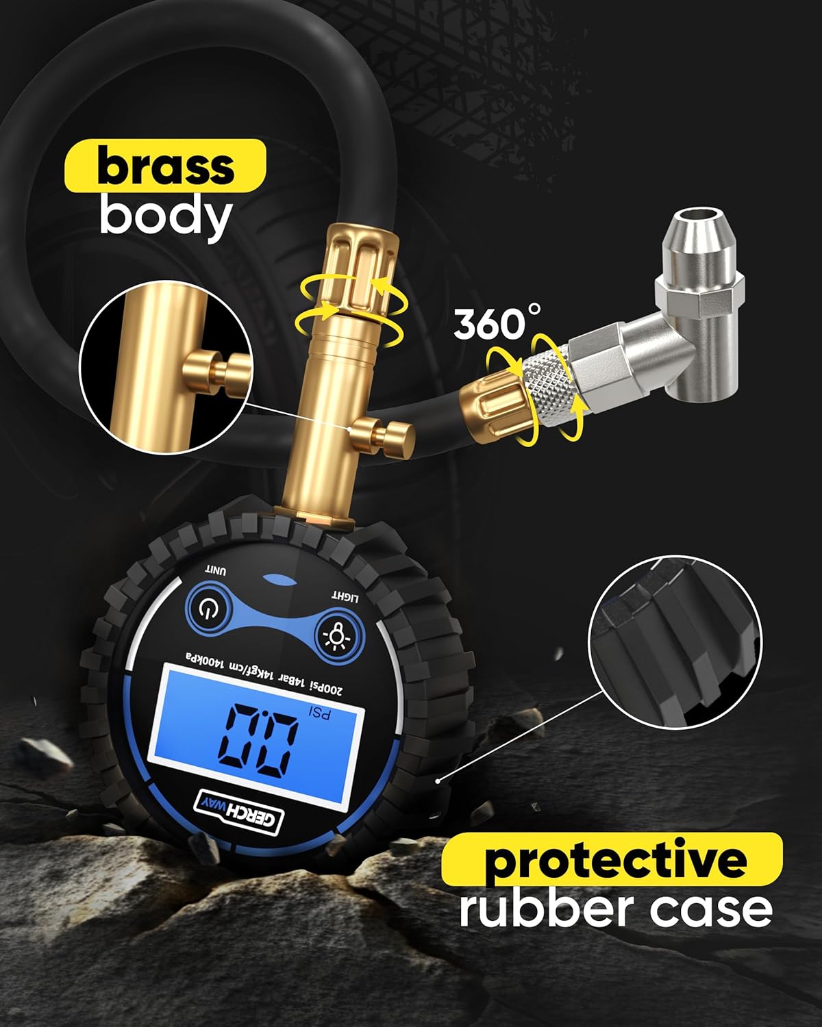 GERCHWAY Digital Tire Pressure Gauge for Cars - Accurate Air Pressure Gauge for Tires with 360° Swivel Chuck - 200 PSI