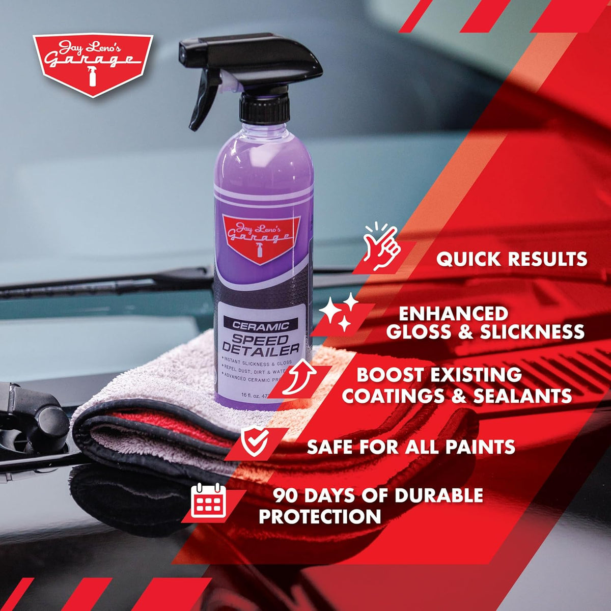 Jay Leno’s Garage Ceramic Speed Detailer Spray Quick Car Detailer for Cars Trucks Motorcycles and Watercraft Enhances Gloss Slickness Hydrophobic Protection Boosts Ceramic Coatings (16 OZ (Pack of 2))