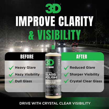 3D Glass Polish – Cerium-Oxide Based Window Polish, Light & Fine Glass Scratch Remover for Car Windows – Restores Clarity & Removes Wiper Marks, Swirls, Water Spots - 16oz