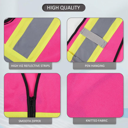 High Visibility Reflective Safety Vest with Zipper and Pockets Orange,M
