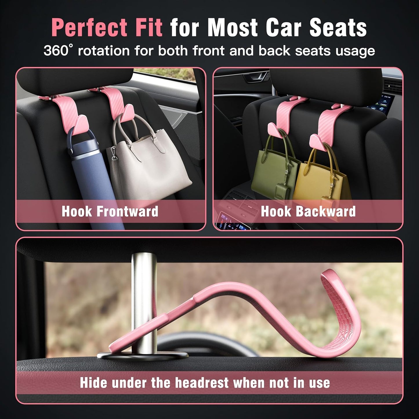 Amooca 4-Pack Car Headrest Hooks Vehicle Storage Organizer for Purses Handbags Groceries Backpack Coats –Holds 55lbs 360° Rotating Black