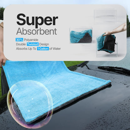 Crystal Clean 1300GSM Car Drying Towel - XL (24x36) Microfiber Towels for Cars with Double Twisted Loop, Professional Detailing Towel for Car Detailers - Quick Dry, Paint Safe & Swirl-Free