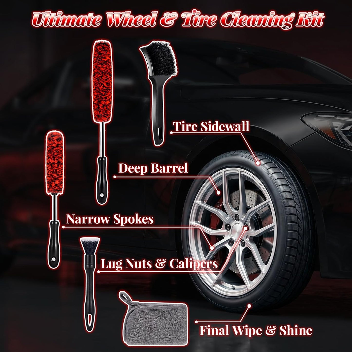 SIMPOR 5 Pcs Wheel & Tire Brush Kit with Cleaning Towel, 2 Long Handle Soft Microfiber Wheel Cleaning Brushes, Stiff Tire Brush, Car Detailing Brush, Non-Scratch Bendable Rim Cleaner Brush Set