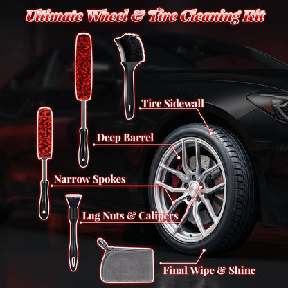 SIMPOR 5 Pcs Wheel & Tire Brush Kit with Cleaning Towel, 2 Long Handle Soft Microfiber Wheel Cleaning Brushes, Stiff Tire Brush, Car Detailing Brush, Non-Scratch Bendable Rim Cleaner Brush Set