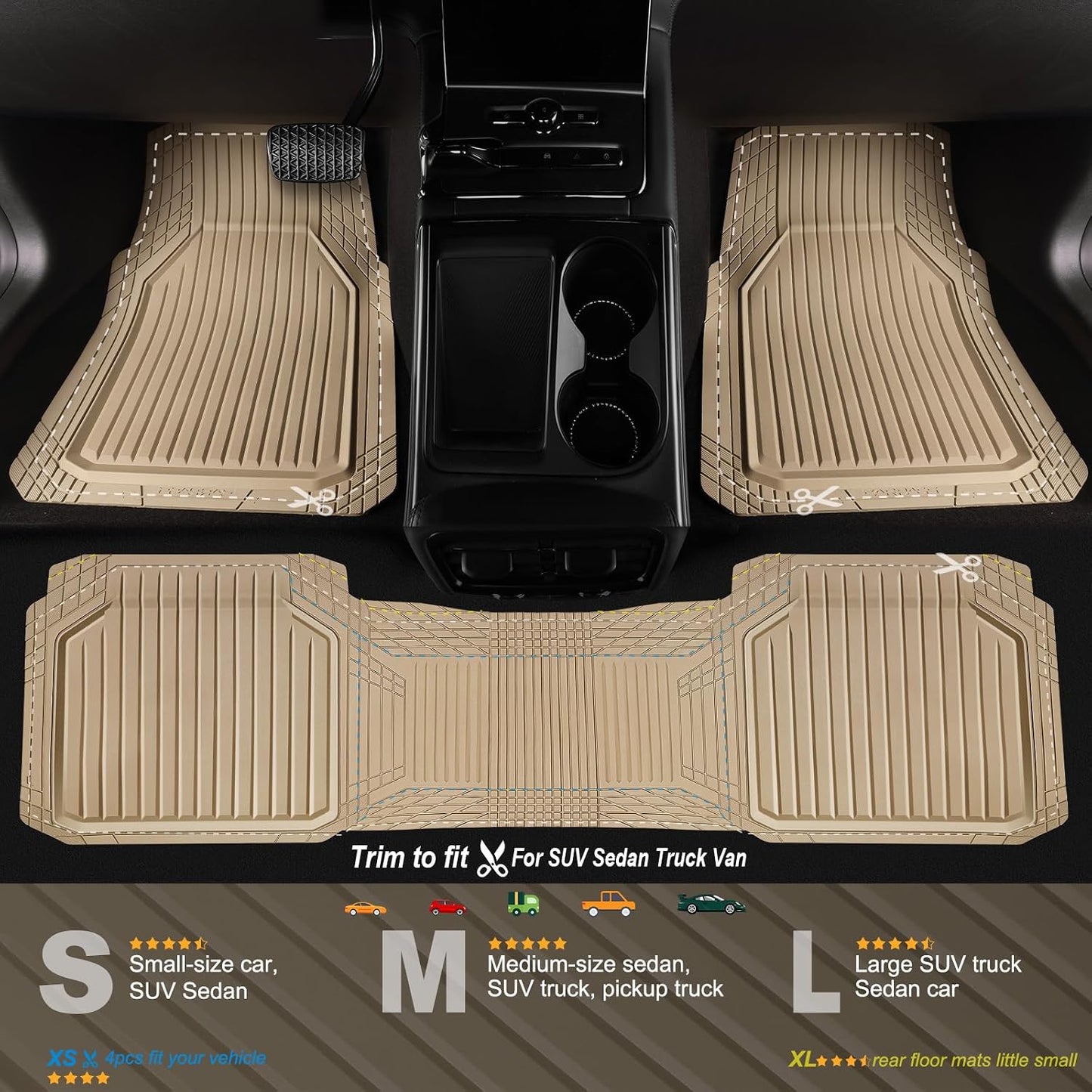 CAR PASS Heavy Duty Rubber Floor Mats for Car, Waterproof Liner Deep Dish Car Mats Full Sets, Universal Trim to Fit for SUV Truck Sedans Vans, All Weather Automotive Floor Mats 3pcs, Solid Black
