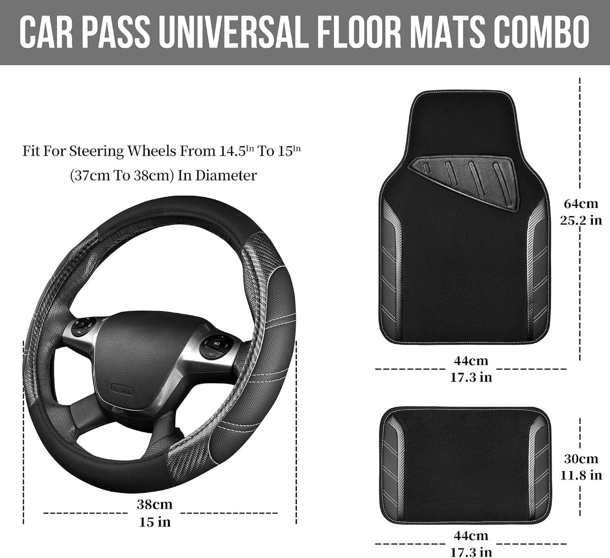 CAR PASS Air Mesh Leather Car Seat Covers Full Set, Waterproof Car Floor Mats, Sporty Steering Wheel Cover 14.5-15in, Universal Fits for 95% Cars Truck SUV (Black and Blue)