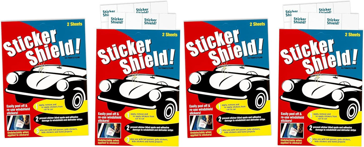 STICKER SHIELD - Windshield Sticker Applicator for Easy Application, Removal and Re-Application from Car to Car - 4 inch x 6 inch Sheets (Pack of 2 Sheets)