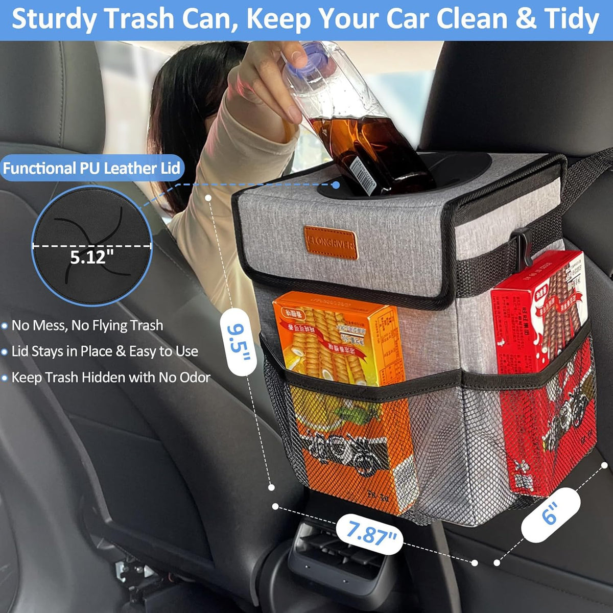 ELONGRIVER Car Trash Can Bin for Back Seat Leak Proof, Cute Car Trash Bag Hanging, Vehicle Trash Can for SUV Truck Van, Automotive Garbage Cans Front Seat Black