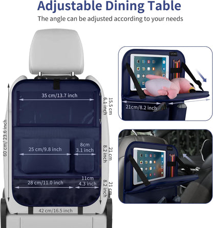 LUCMO Car Backseat Organizer with Tablet Holder,6 Storage Pockets Car Storage Organizer with Foldable Food Tray,Protectors Kick Mats Travel Accessories-Black