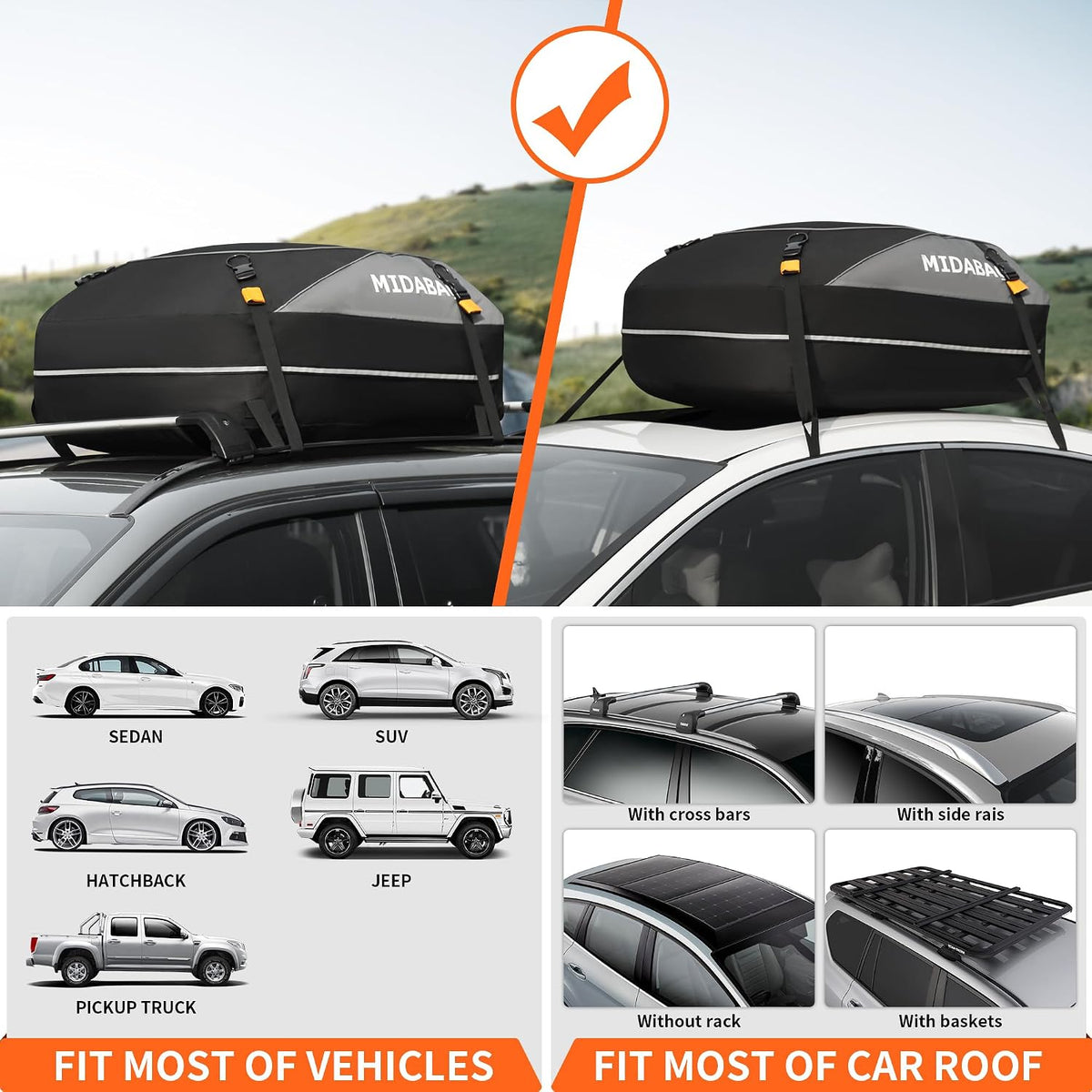 MIDABAO 20 Cubic Waterproof Duty Car Roof Top Carrier-Car Cargo Roof Top Bag, Waterproof & Coated Zippers includes Anti Slip Mat with or without Racks (20 Cubic Feet)