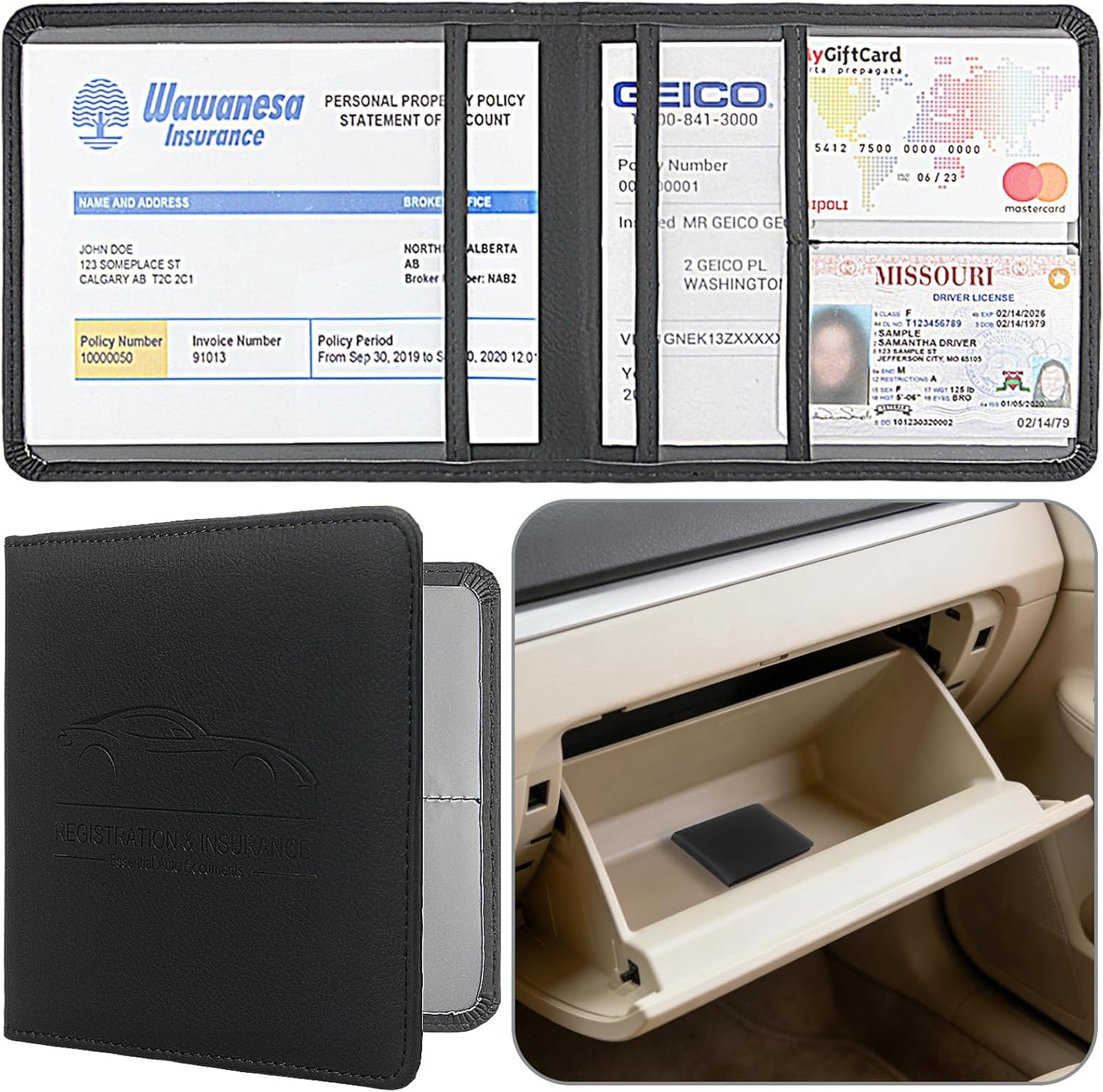 Car Registration and Insurance Holder, Premium Pu Leather Vehicle Glove Box Organizer - for Driver License, Cards & Essential Documents (L-Orange)